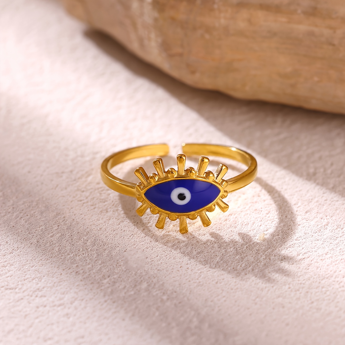 Blue Enamel Demon's Eye Open Ring, Stainless Steel